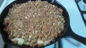 Pour the topping over the apples in an even layer.  Place skillet in the oven or grill and bake for 30-40 minutes or until apples are soft and topping is crisp.